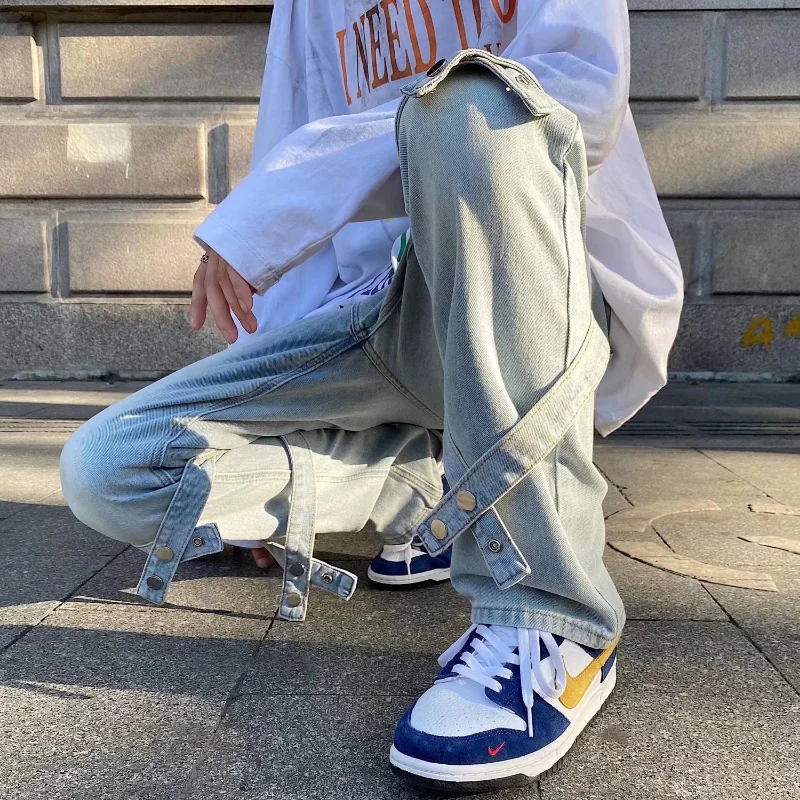 DEEPTOWN Hip Hop Straight Jeans Men Streetwear Loose Casual Denim Pants Fashion Black Ribbons Punk Trousers Male Spring Autumn