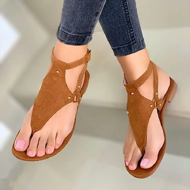

Womens Leather Sandals Bohemia T-tied Low Heels Clip Toe Ladies Sandalias Ankle Strap Summer New 2022 Beach Casual Female Shoes