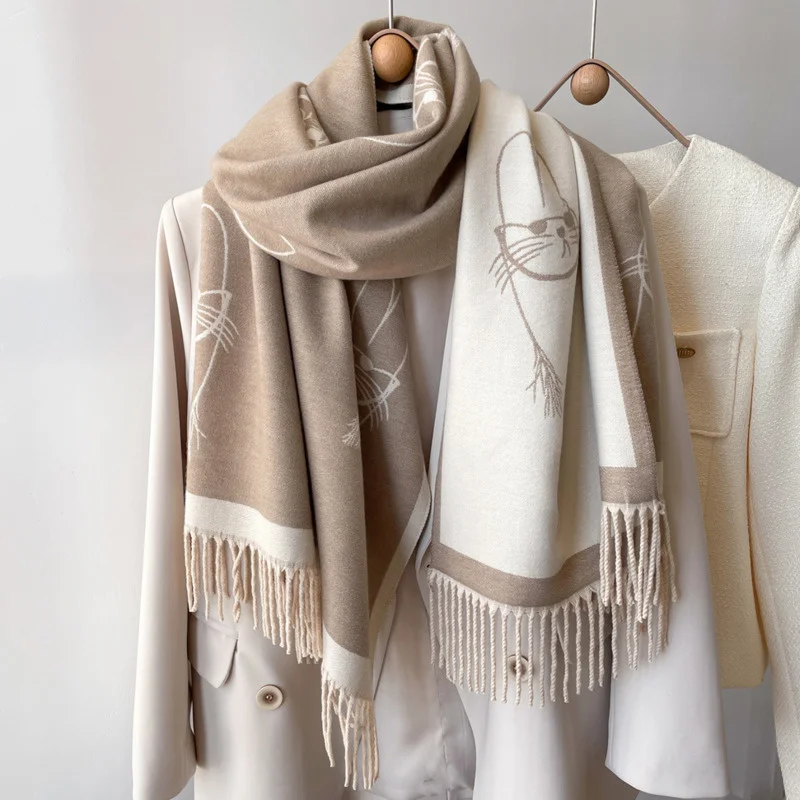 

2022 Cartoon Cashmere Scarf Women Tassel Shawl Soft Girl Student Head Scarves Warm Thickened Men Dual-use Thick Couple Scarf