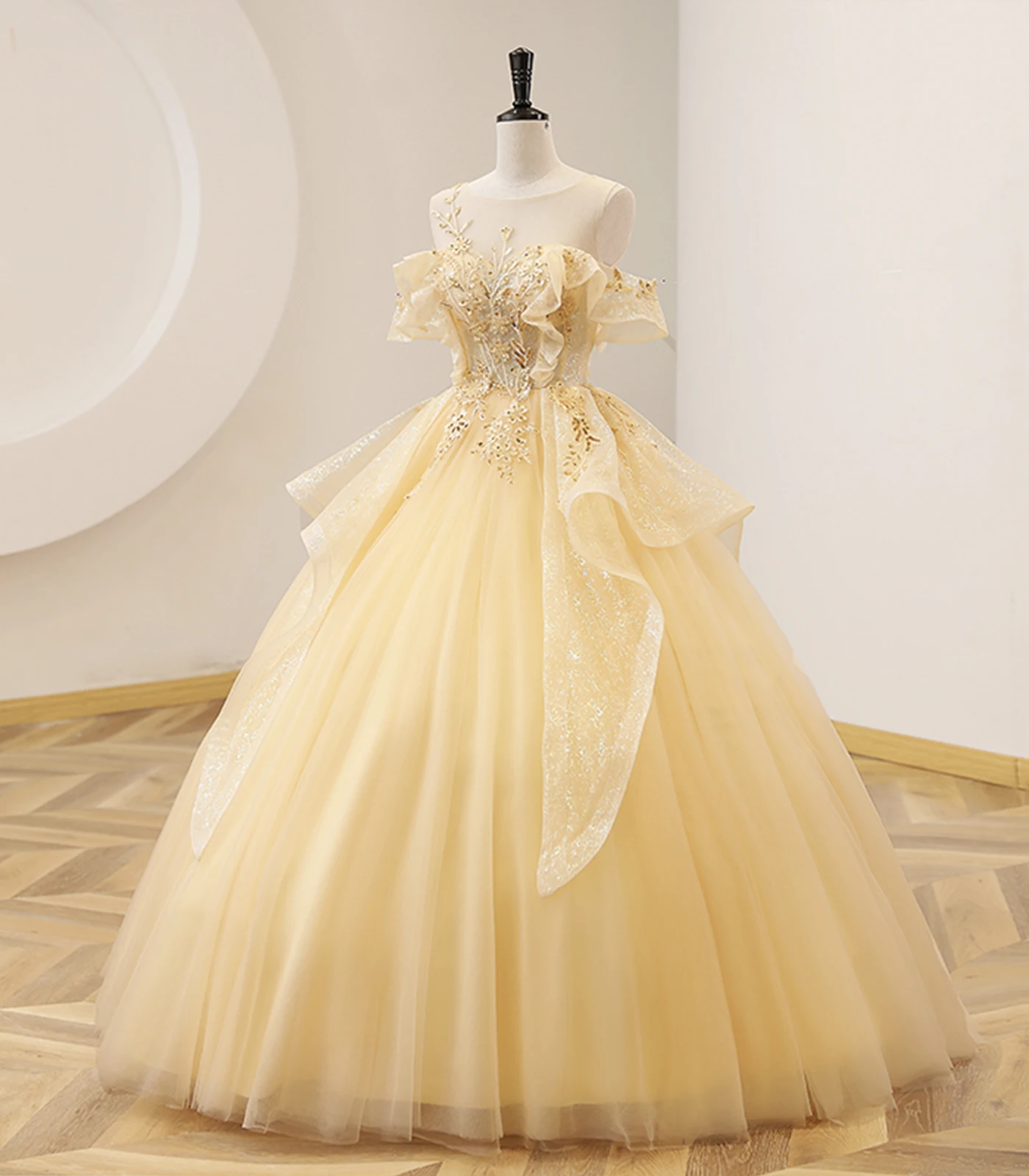 

17108#IENA Baby Yellow Puffy Tulle Prom Dress With Crystal Beading Sequin lace Off the Shoulder Long Wedding Formal Party