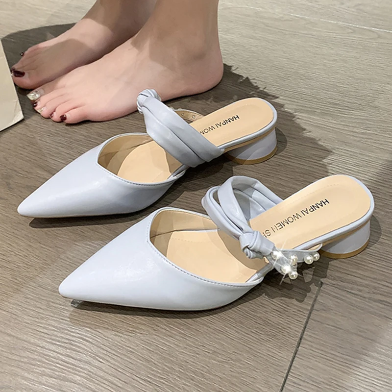 Pearl Pointed Toe Women's Mules Sexy Square Heeled Mules Slippers Women Sandals 2023 New Korean Trend Outdoor Pink Party Shoes