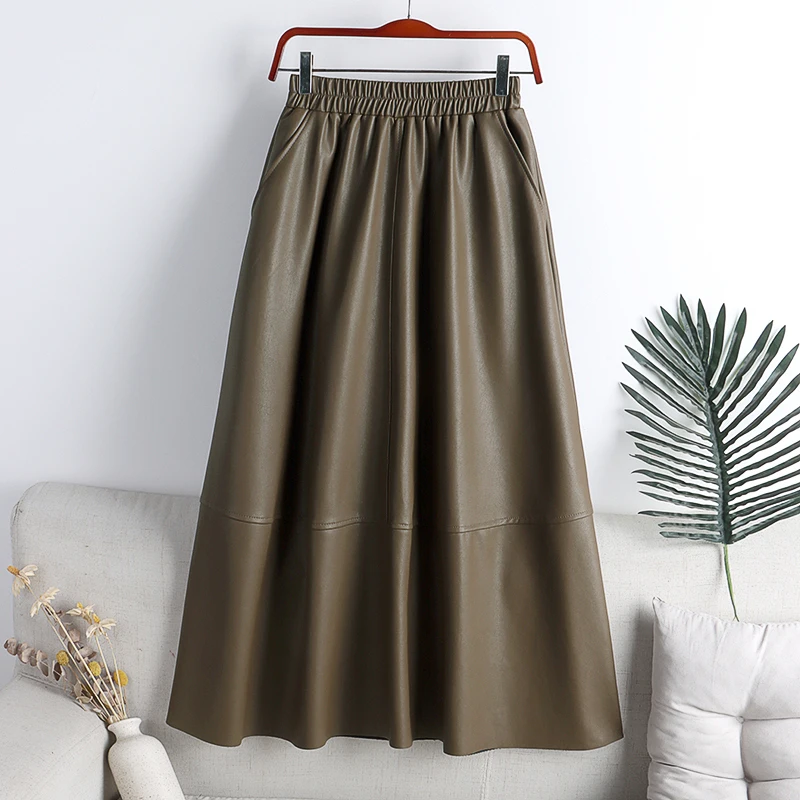 2022 Women's Skirt Spring New High-waisted Thin Leather Skirt Stitching Solid Color Mid-length Large Swing A-line Skirt enlarge