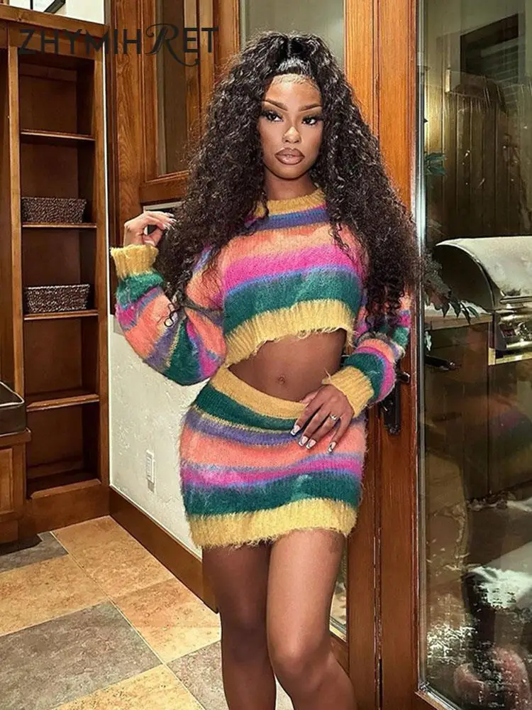 

Трикотажный пуловер и юбка ZHYMIHRE Y2K в радужную полоску, модель сезона осень 2023 года, новое платье из двух частей