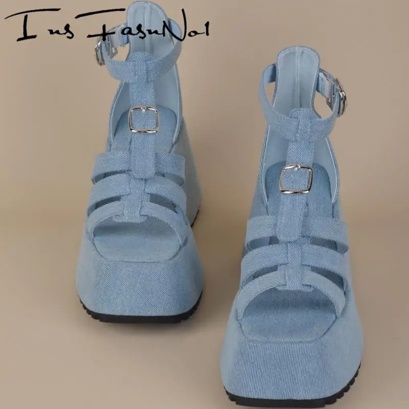 Женские джинсовые сандалии INSFASNNOI на высокой платформе