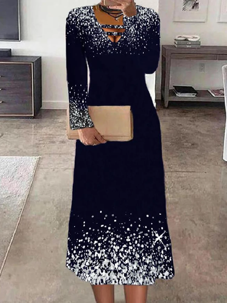 

Vintage Bright Silk Hollow Loose Dress Office Ladies Elegant Long Sleeve Dresses 2022 Autumn New Casual Women V-neck Maxi Dress