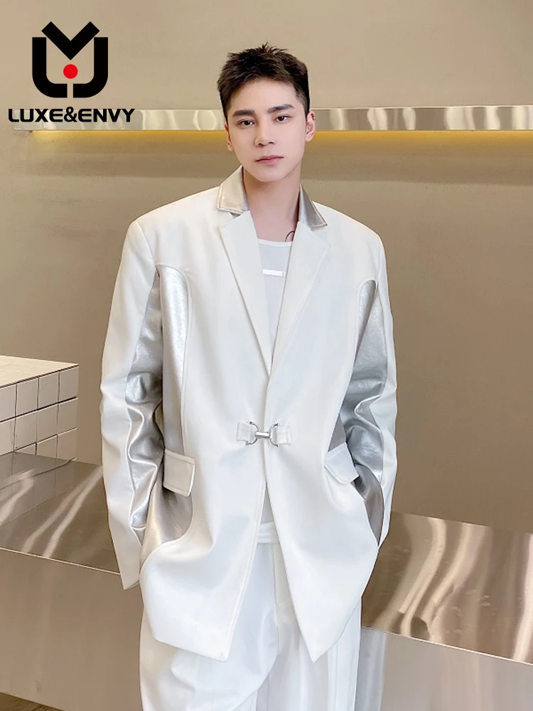 

LUXE&ENVY Personality Trend Silver PU Splicing Suit Men's Senior Design Sense Niche Casual Coat Spring Autumn 2023 New