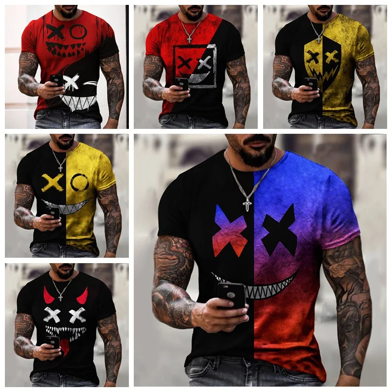 

Men Casual Loose Men 3D Printing Couple Short Sleeves Fashion Color Matching Smiley Face Printing T-shirt XXS-6XL