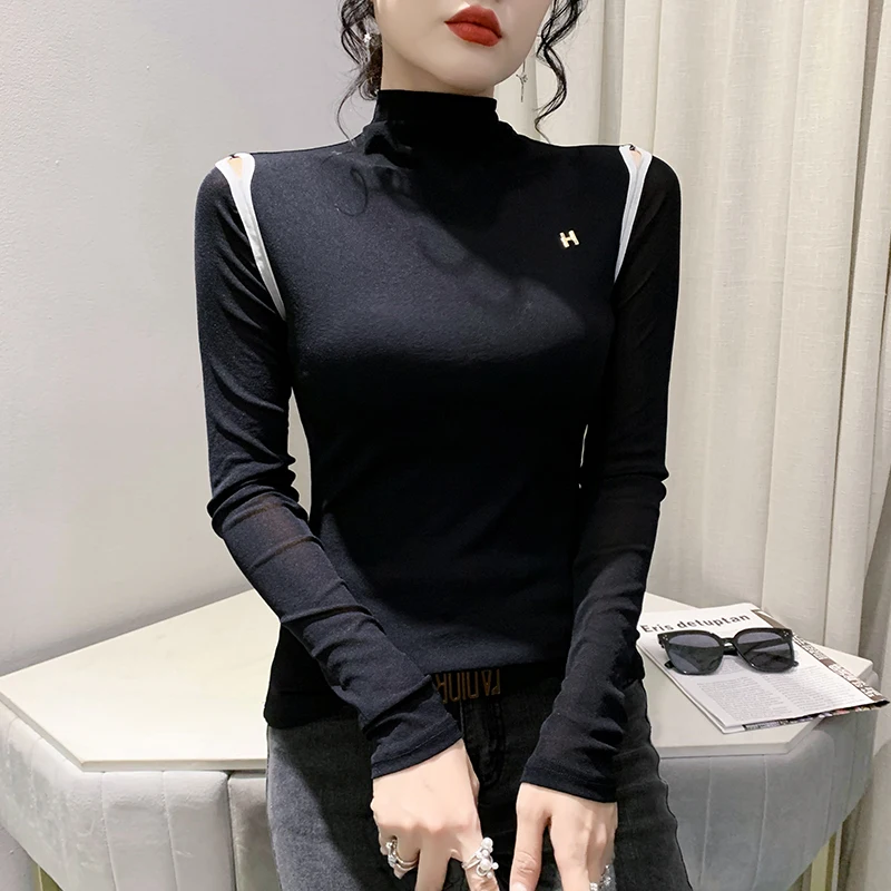 

Fall Winter European Clothes Mesh T-Shirt Chic Sexy Hollow Out Women's Long Sleeve Tops Bottoming Shirt Blusas New Tees 0140