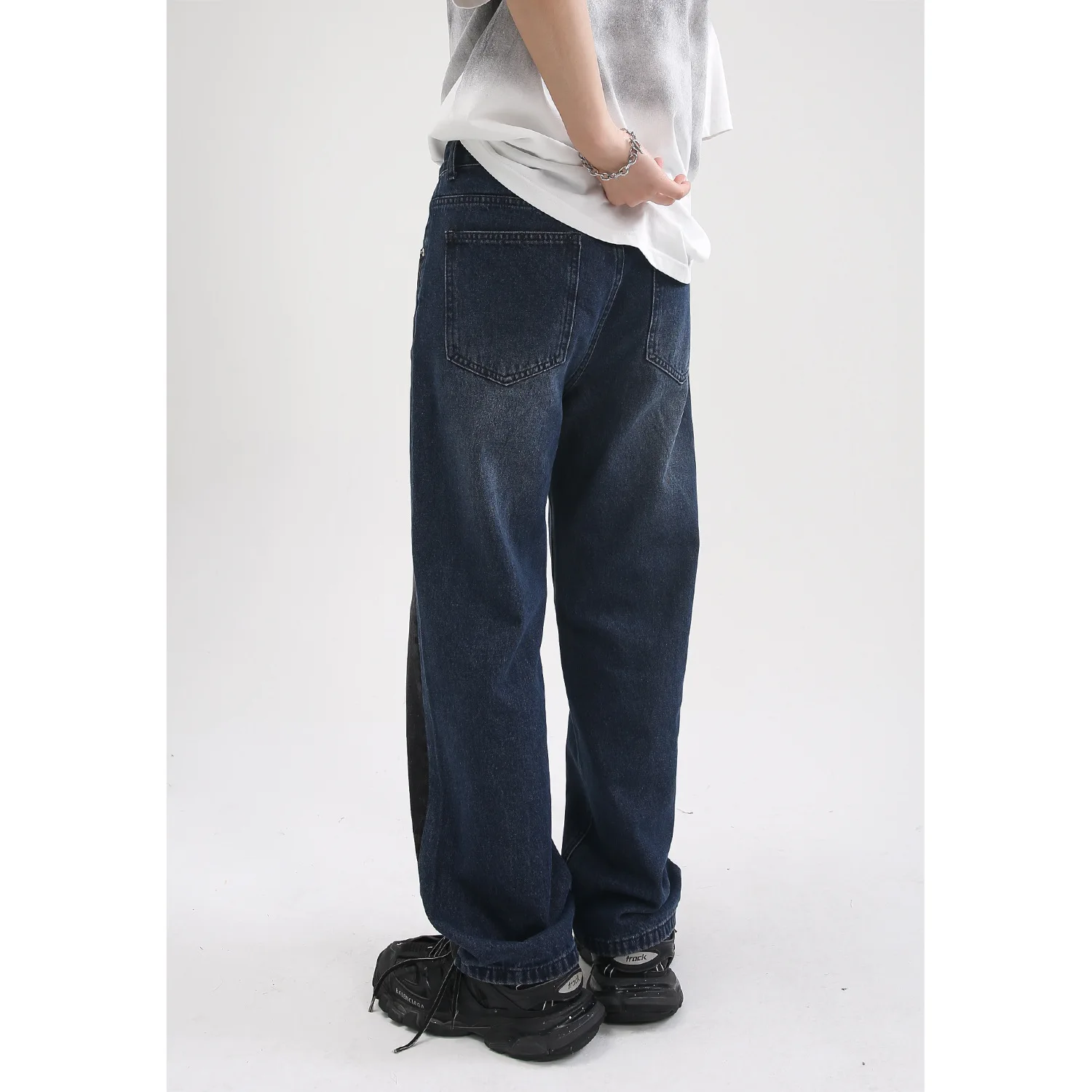 Four Seasons New Korean Version Loose Trend Splicing Contrast Color Straight Loose Jeans Men's Streetwear Boyfriend Jeans JEANS