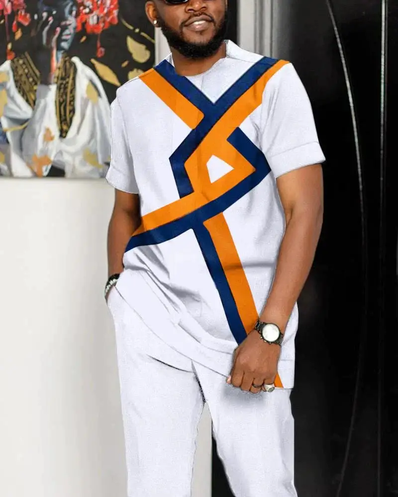 Summer Trousers Men Set Tracksuit Blue Striped Short Sleeve T Shirt Long Pants 2 Piece Fashion Sport Suit Casual Streetwear