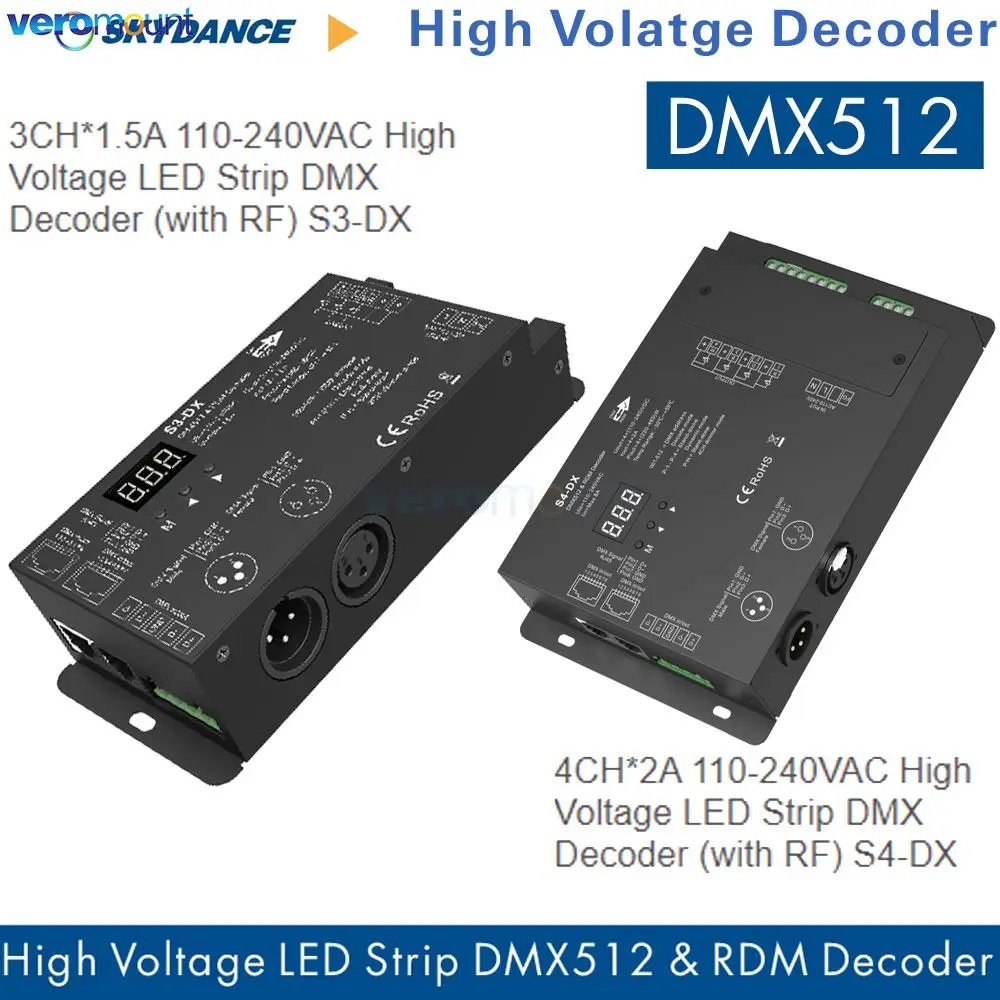 Фото Skydance S3-DX 3CH*1.5A S4-DX 4CH*2A Высоковольтный 110 В 220 В переменного тока Светодиодная лента DMX-декодер с RF 3-канальным контроллером RDM XLR3 и RJ45 №1