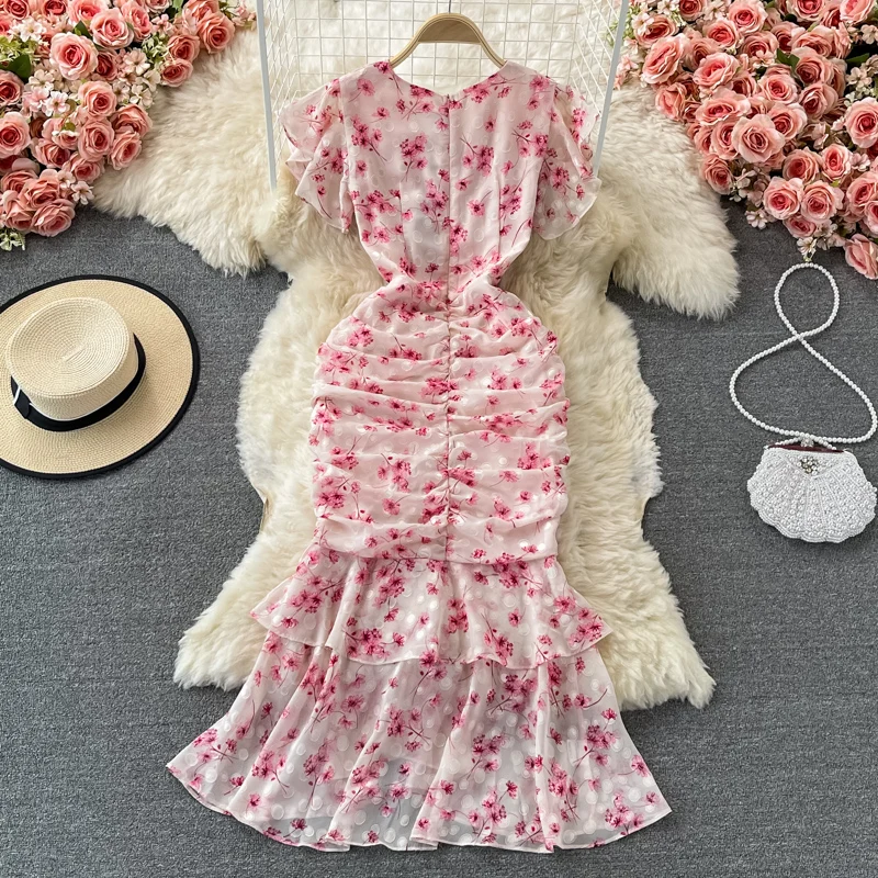 

E GIRLS Retro Gentle Ruffled Fishtail Dress Women Puff Sleeve Slim Waist Fashion Robe V-neck Floral Print Chiffon Vestido Mujer