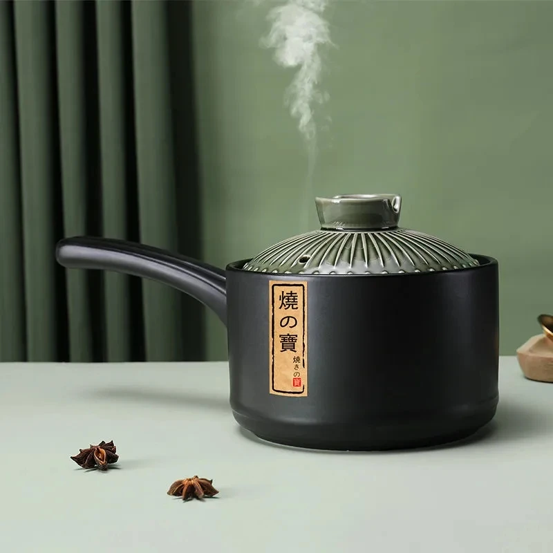 

Japanese-style Milk Pot Can Open Fire with Cover and Handle Ceramic Pot Hot Milk Baby Food Supplement Pot Long-handled Casserole