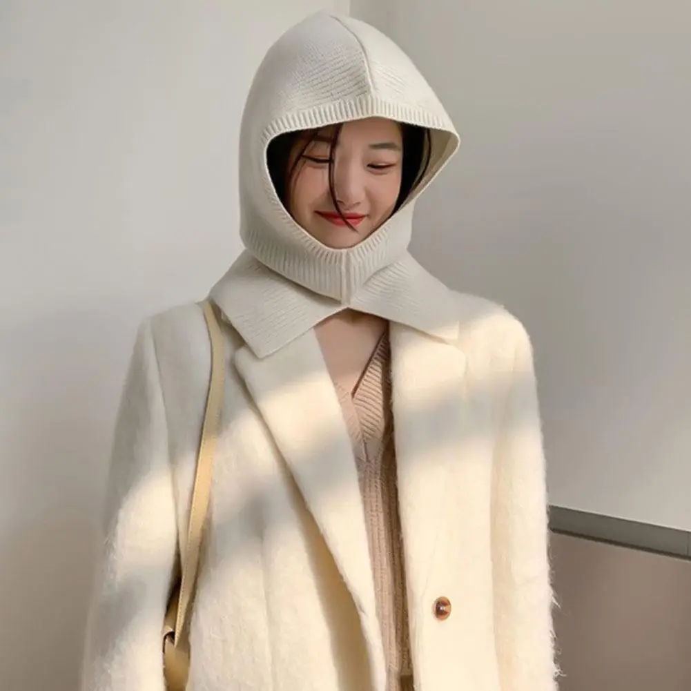 

Women Knitted Balaclava Hat Scarf Hooded Face Neck Cover Thickened Warm Fashion Retro Solid Color Korean Women Girl Knitted Hat