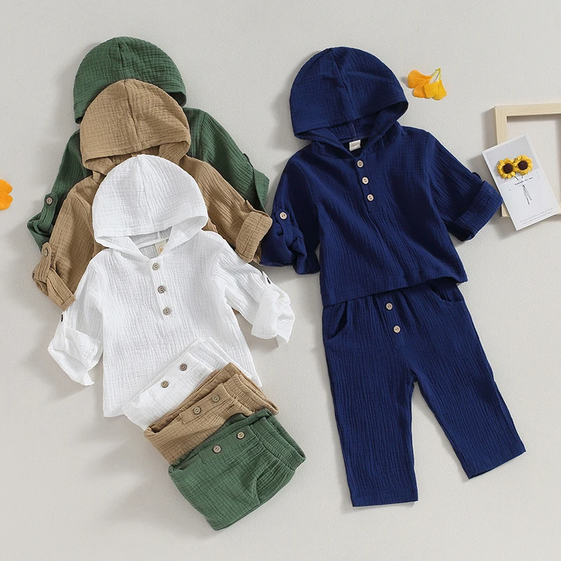 

Toddler Baby Boys Cotton Outfits Solid Long Sleeve Kid Hooded T-shirt With Pants Set 2Pcs Autumn Child Clothes