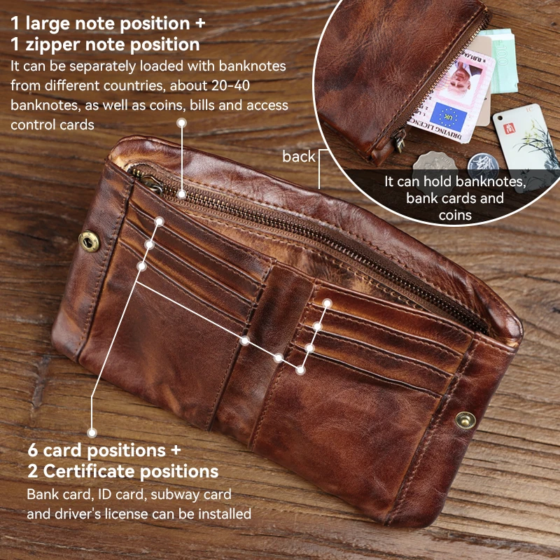Vintage Men's Card Wallet Handmade Genuine Leather Card Slot With Zipper Coin Purse Short Wallet For Male Women's Money Bag
