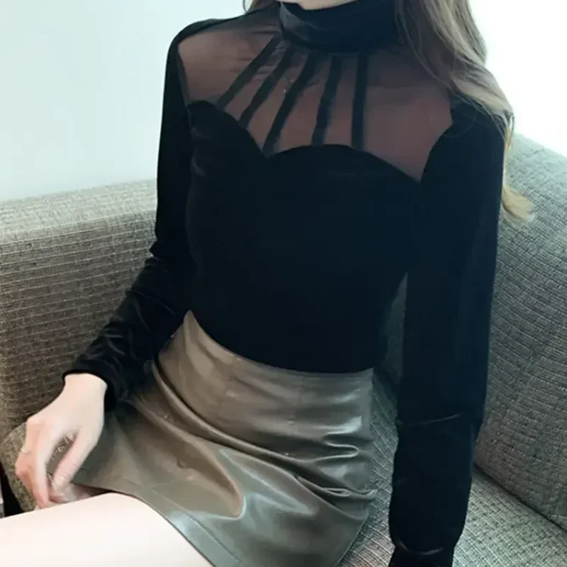 Осенне-зимняя женская футболка с длинным рукавом сетчатый топ сексуальная