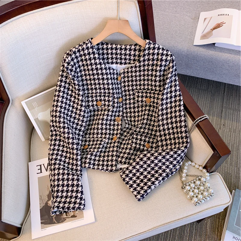 

Высококачественное женское модное однобортное твидовое пальто с гусиными лапками, винтажная элегантная женская верхняя одежда с длинным рукавом, шикарный топ