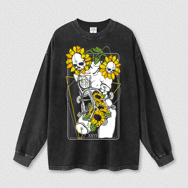 The Skull In The Sunflower Cotton Autumn Hip Hop Sweatshirts Gothic Oversized Neutral Hoodies Men's Washed Long Sleeve Clothing