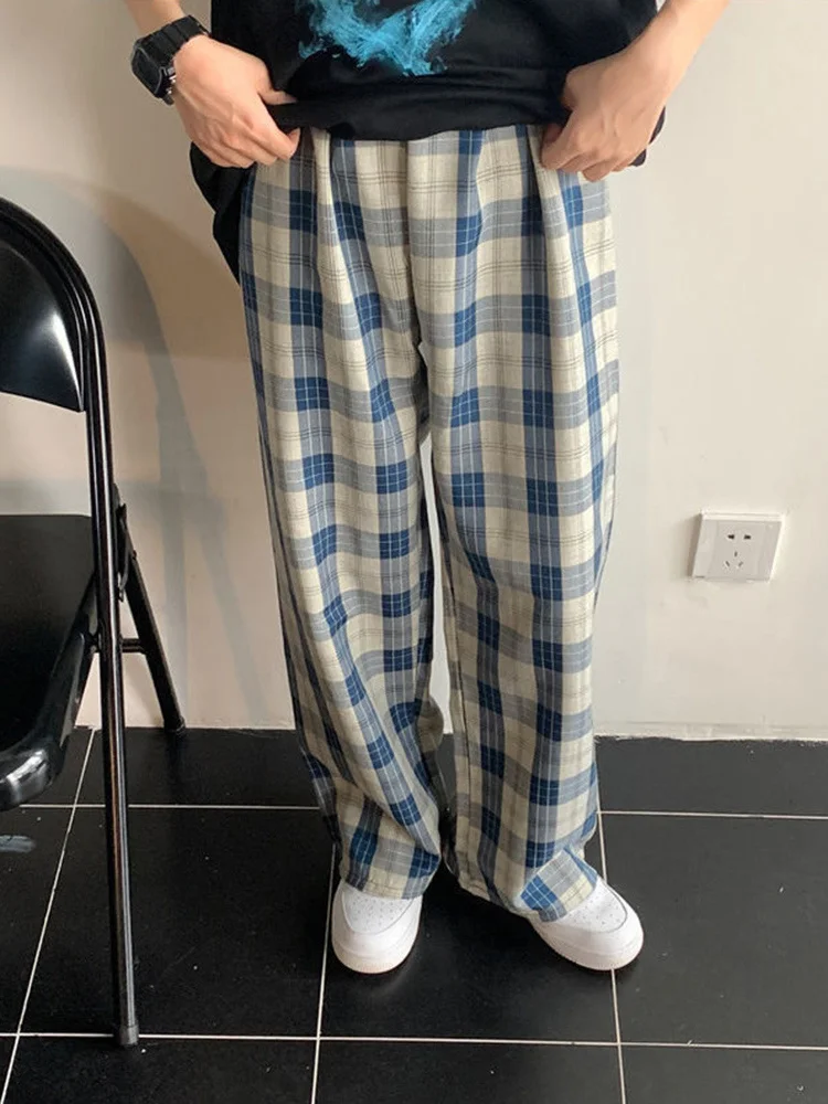 Vintage Plaid Women Pants Elastic Waist Casual Loose Summer Oversize Trousers Black Harajuku Blue Female Pants New