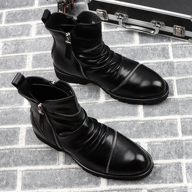 

men fashion stage nightclub dress original leather boots black tide brand designer shoes cowboy ankle boot short botas masculina