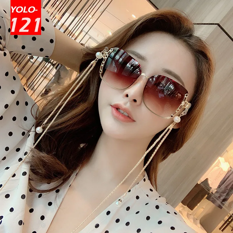 

Gradient Color Big Frame Sunglasses for Women with Pearl Chain Sunglasses Women Luxury Fashion Rimless очки женские солнечные