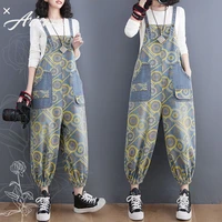 aricaca women casual printed wide leg blue jumpsuits m 2xl denim overalls with big pockets loose jeans