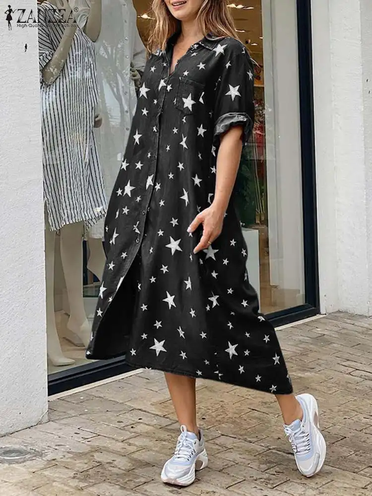 

Women Long Sleeve Midi Sundress Casual Stylish Printed Party Vestidos Holiday Robes Longue Oversized ZANZEA Fashion Shirt Dress