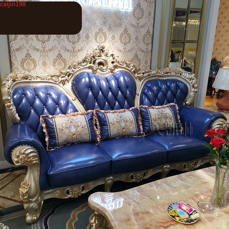 

CJ European first layer cowhide sofa combination all solid wood carving 123 combination sofa luxury gold foil sofa