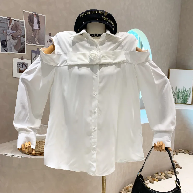 

Niche Design New Women's Clothing 2022 Autumn Lazy Off Shoulder Long Sleeved Flowers Loose Thin Design Shirt Dress