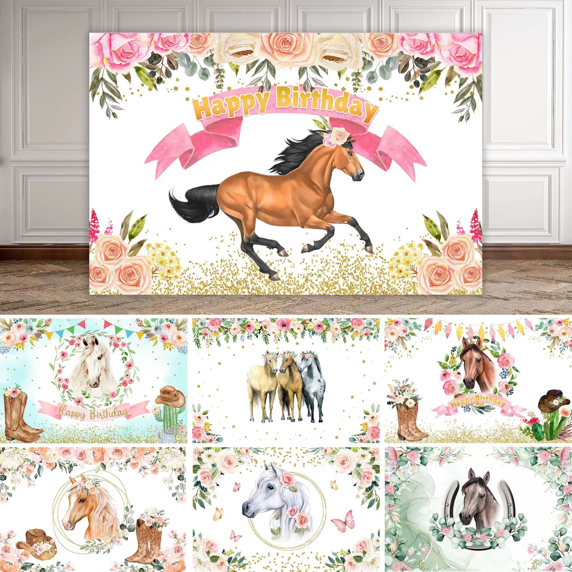 

NeoBack Horse Birthday Backdrop Cowgirl Western Farm Background Watercolor Flowers Baby Shower Portrait Customized Photography