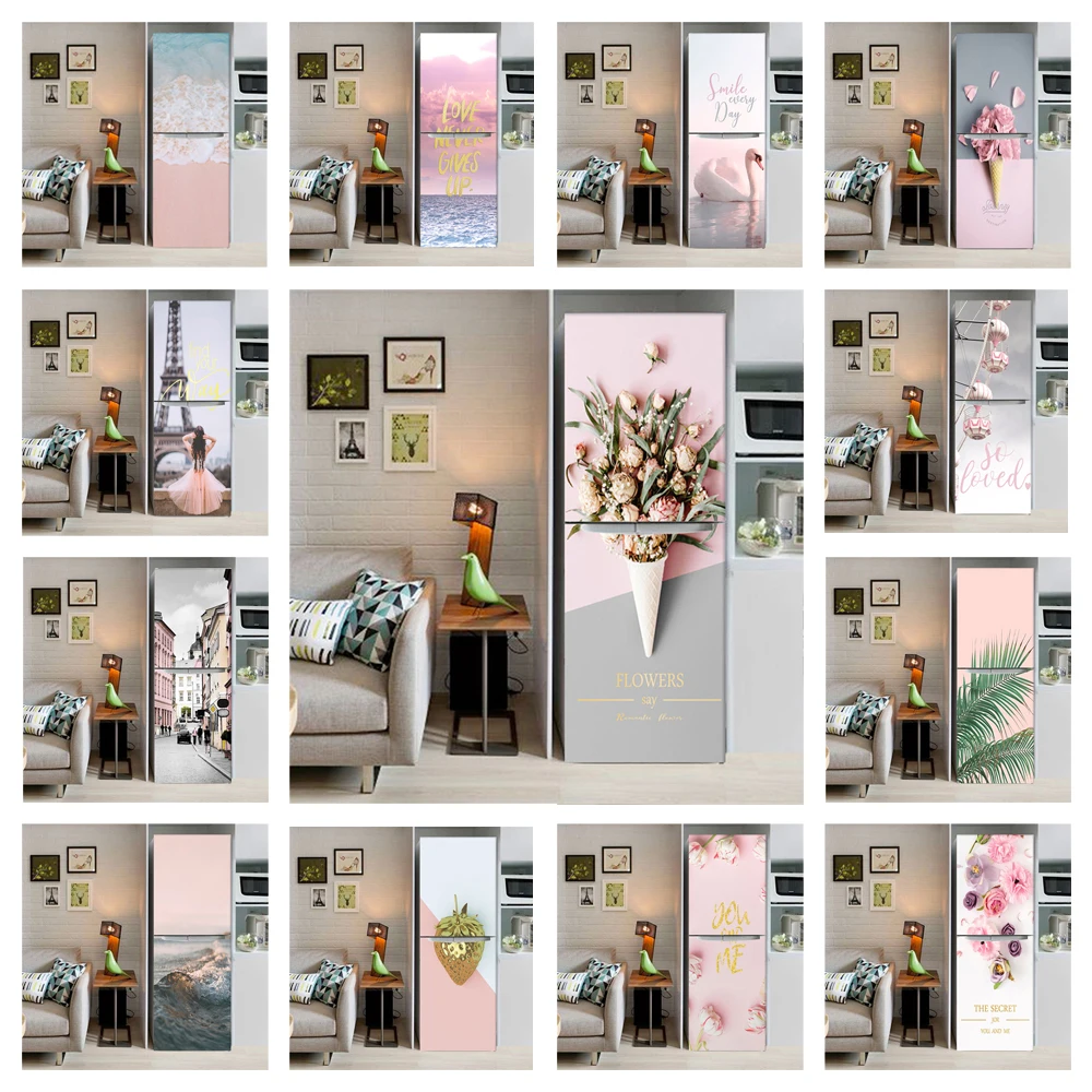 

3D наклейки на холодильник, розовый цветок, фламинго для кухни, холодильника, полная дверь, фотообои для морозильной камеры, виниловая пленка, декоративные фрески