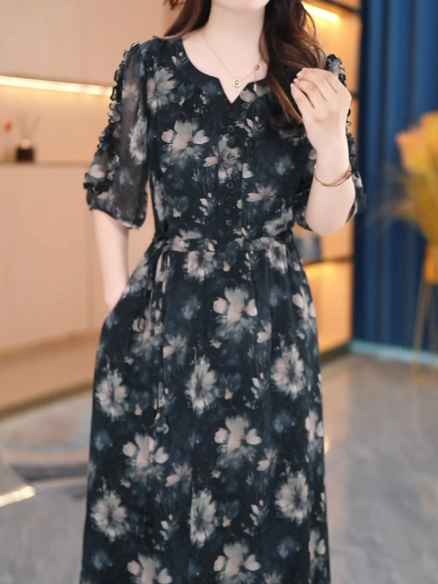 Accessible Luxury High-End Fashion Print Dress Women's 2025 New Arrival K-sle Silm Slim Looking Anti-Aging Mid-Length A- li... |