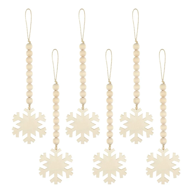 

6 Pcs Christmas Tree Hanging Wooden Bead Garlands Farmhouse Beads Garlands With Snowflake Pendants For Christmas Party