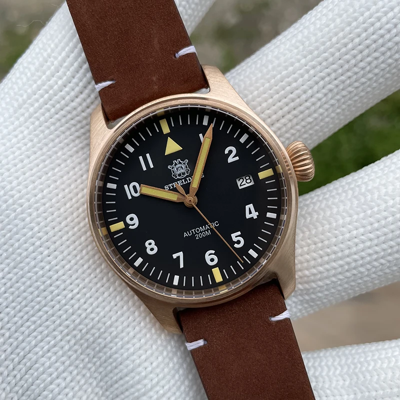 

Часы STEELDIVE Pilot мужские с бронзовым ремешком, Водонепроницаемость 200 м, автоматические механические часы с сапфировым стеклом, светящиеся час...