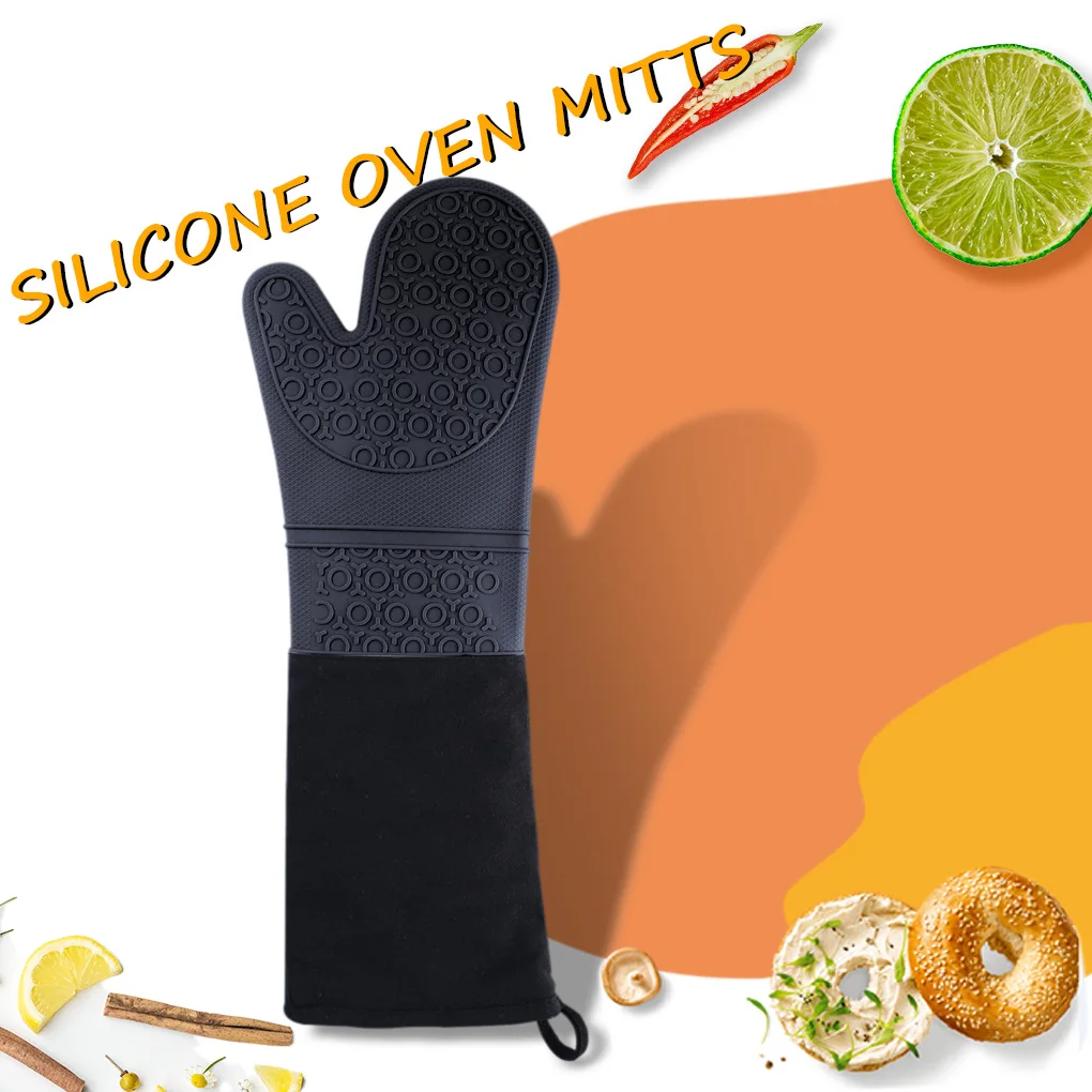 

1 Piece Insulated Oven Gloves Silicone Glove Long Thick Insulation Mitt Home 2 Layer Cotton Baking Glove for Oven Microwave