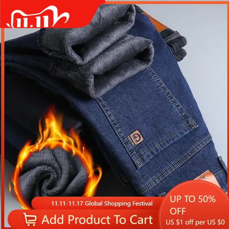 

Мужские флисовые джинсы, облегающие эластичные джинсы, повседневные синие брюки, высококачественные мужские зимние Утепленные черные джинсы