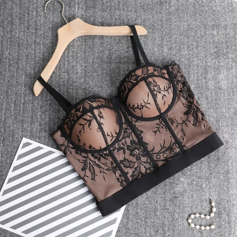 

Spring Summer New Sexy Thin Lace Brassiere For Women Embroidered Camis Tanks Gathered Push Up Bra Underwear Female Cropped Top