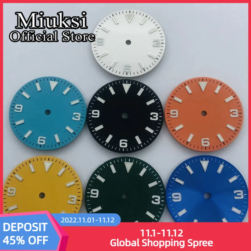 

Miuksi 29mm black white green watch yellow orange dial luminous fit NH35 NH36 ETA2824 2836 Miyota 8215 821A DG2813 3804 movement