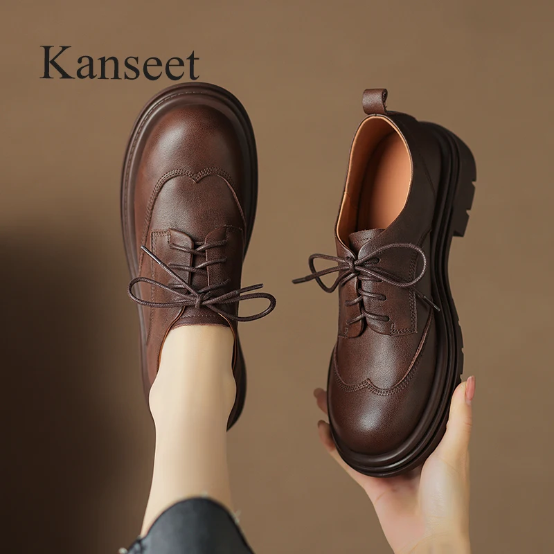 

Kanseet Round Toe Casual Shoes For Women 2023 Autumn Newest Genuine Leather Loafers Concise Low Heels Handmade Brown Footwear 40