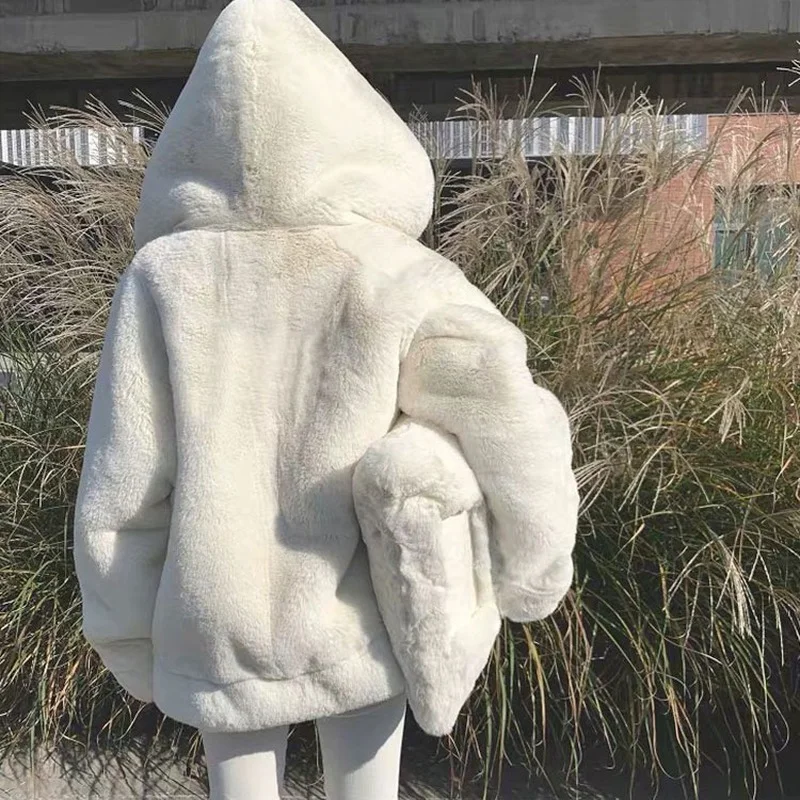 2021 New Rex Rabbit Fur Coats Lady Oversize Thick Winter Hooded Warm Jacket Faux Furs Plush White Coat Fashion Women Parka