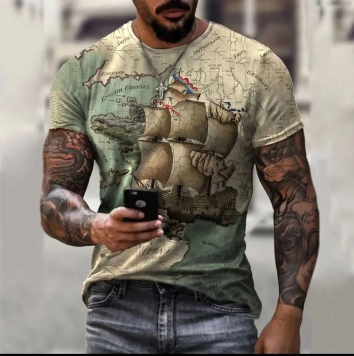 

Vintage Men's T-shirt Personalized Colorful Stripe Printing Fashion O-Neck Short Sleeve Oversized Clothes Breathable Street Wear