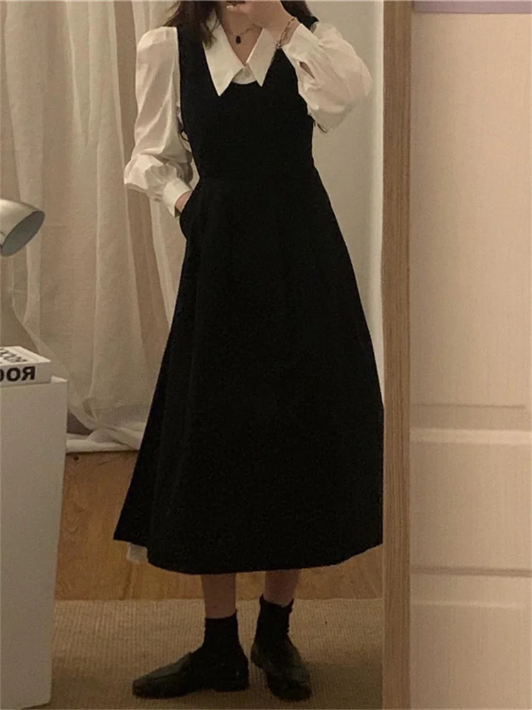 

Street Style Vintage Korean Version of The Simple Bubble Sleeve Shirt + Casual Strappy Dress Suit 2022 New Early Spring Dresses