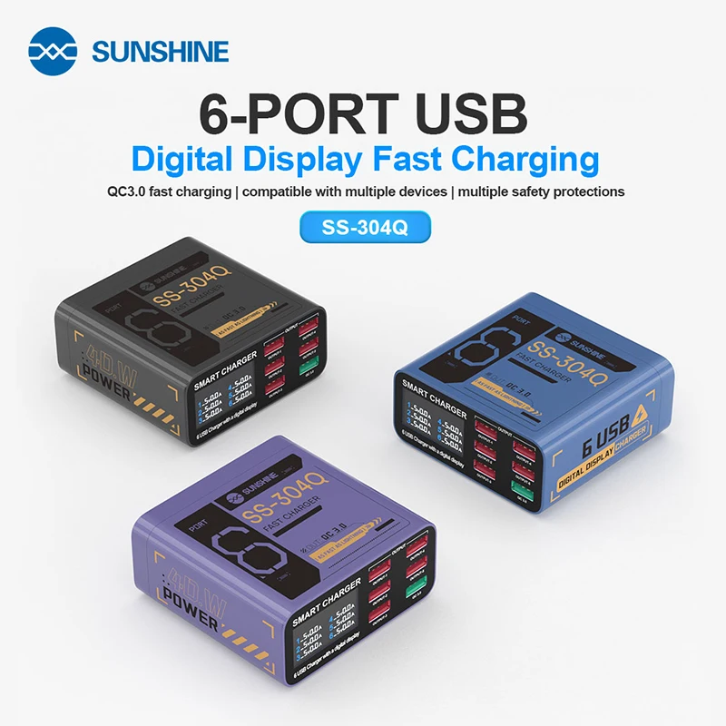SUNSHINE SS-304Q 6-портовый USB-цифровой дисплей Быстрая зарядка QC3.0 Совместимость с