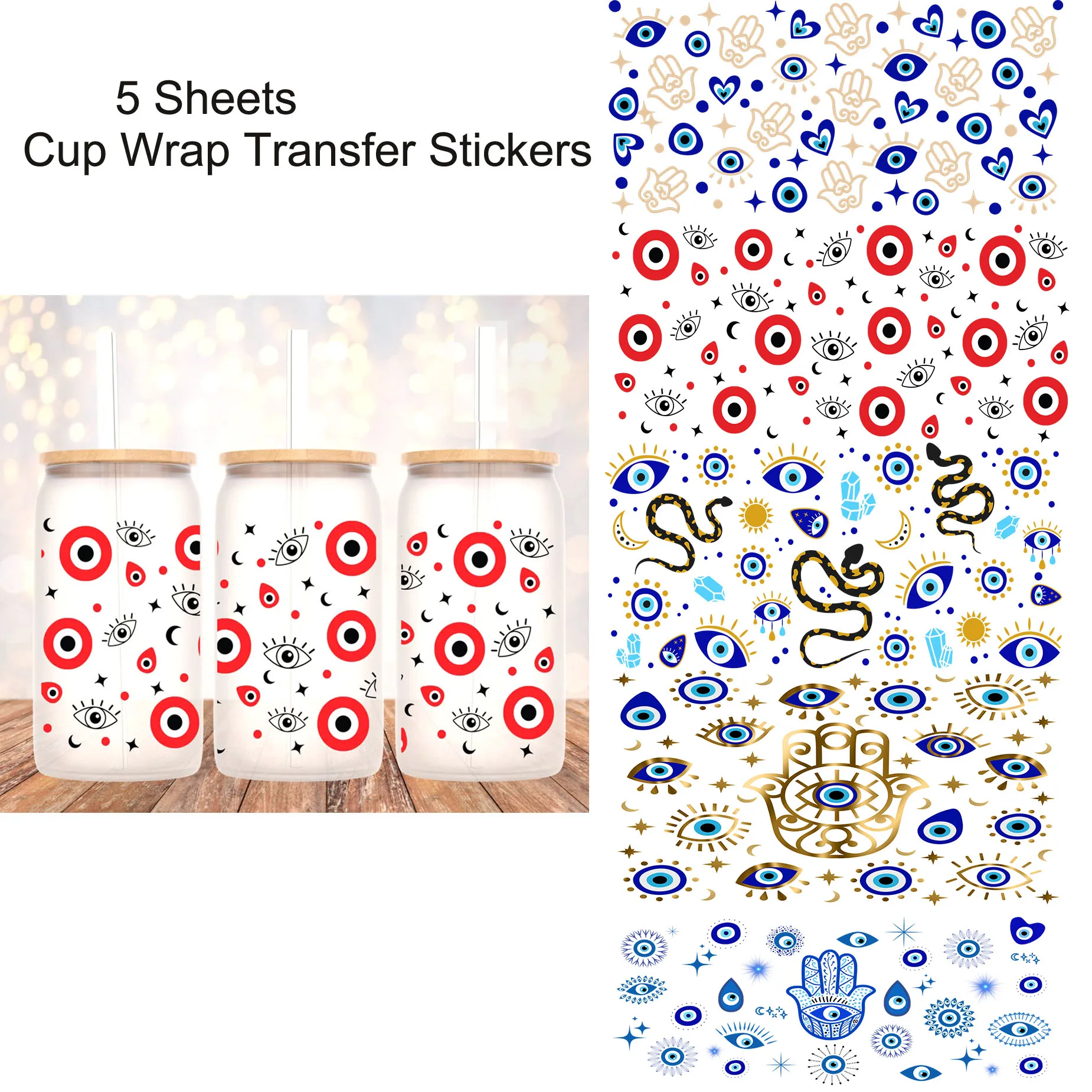 

UV DTF Transfer Evil Eyes Can Glass Coffee Cup Wrap 16oz Tumbler Libbey Waterproof Wraps UV Sticker