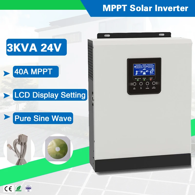 

3KVA 24VDC 220VAC Pure Sine Wave Off Grid Hybrid Solar Inverter Build in 40A MPPT Solar Charger Controller & AC Charger