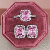 2pcs pack real silver color bride zircon jewelry set engagement ring stud earring for wedding christmas gift j6017 pink