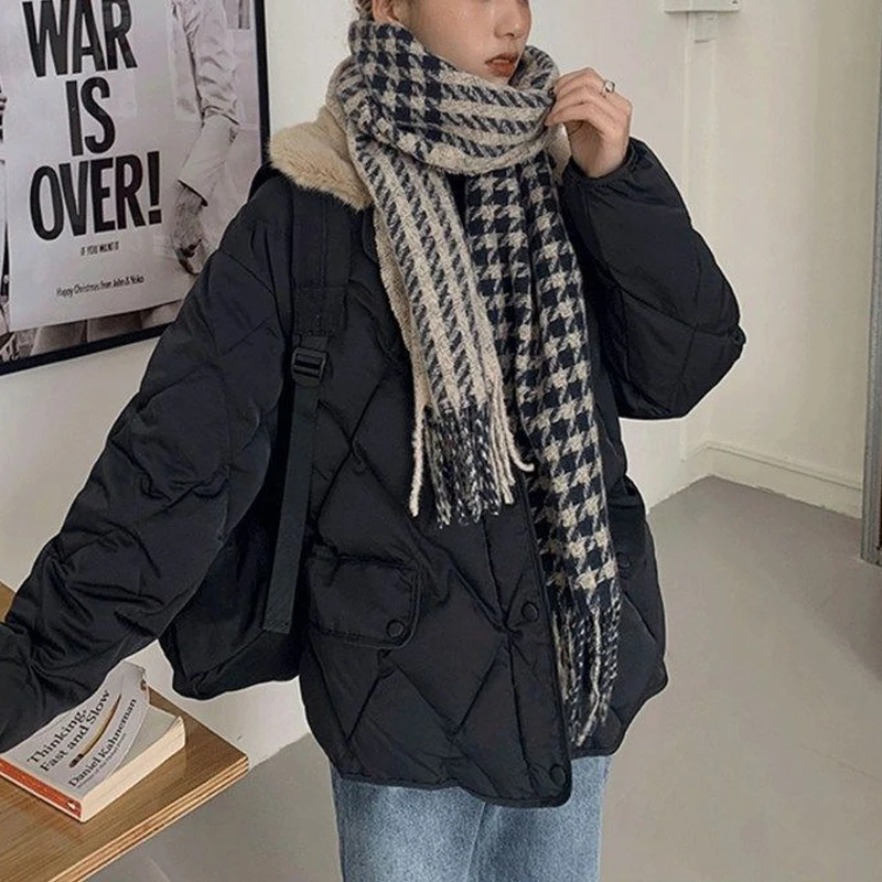 MOUKYUN Winter Simple Parkas Thick Warm Women Vintage Cotton Padded Coat Plush Lapel Baggy Long Sleeve Lady Down Jacket