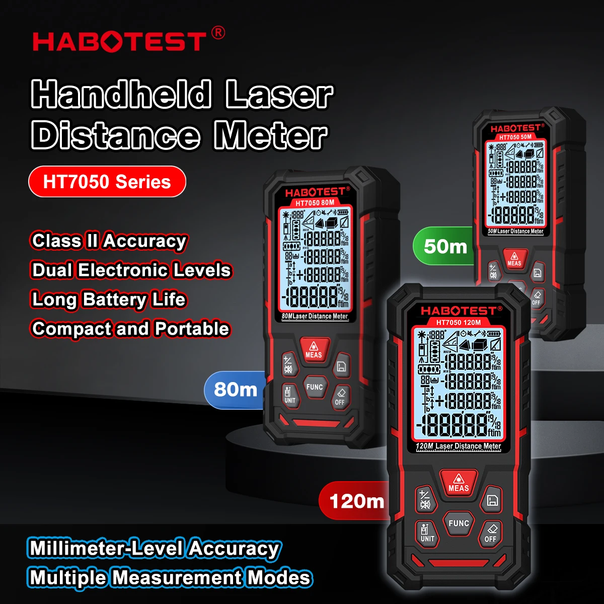 Фото Лазерный дальномер HABOTEST серии HT7050 (доступны варианты 50м/80м/120м) с несколькими режимами измерения №1