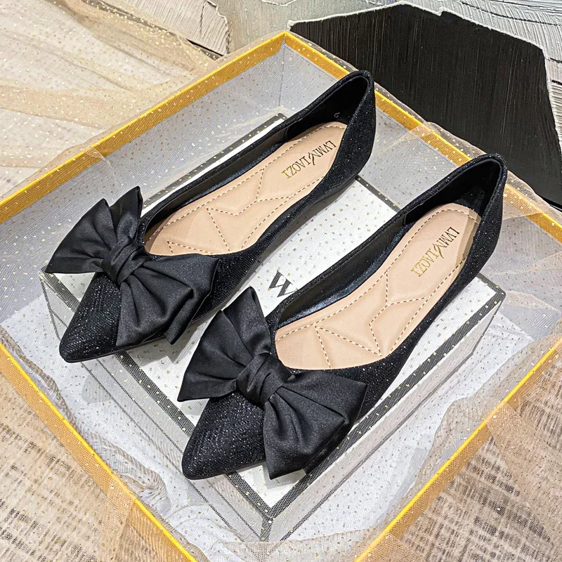 Size33-43 Women Pointed Toe Flats Pumps Bowknot Decoration Wedding Girl Party Shoes Soft Soles Slip on Loafers Office Lady Shoes